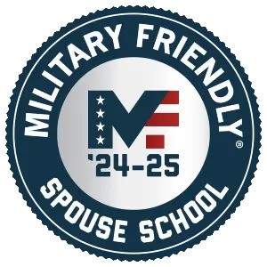 A circular navy blue badge with "MILITARY FRIENDLY SPOUSE SCHOOL" text and a stylized "MF" logo incorporating American flag elements, marked "'24-25".