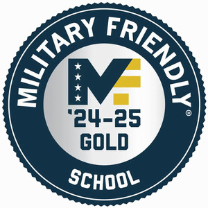 Badge displaying "Military Friendly School '24-'25 Gold" with an "M" logo featuring stripes and stars.