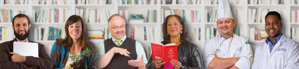 faculty members in front of a bookshelf